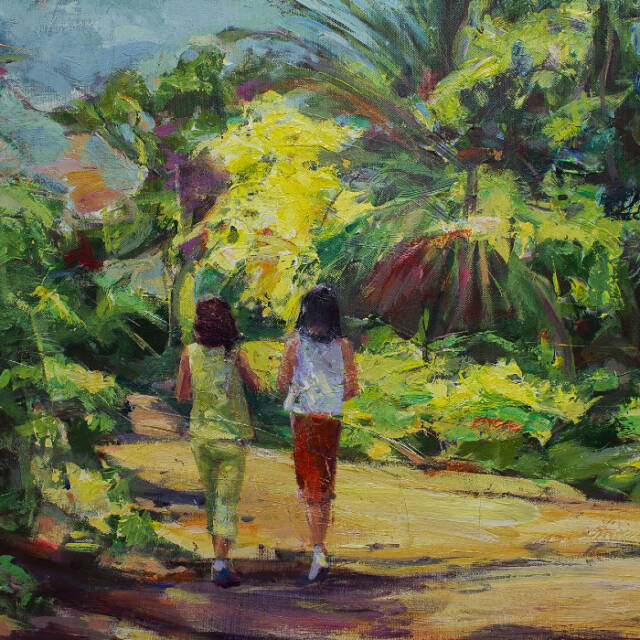 Τάσος Δήμος, «Κορίτσια στον Εθνικό Κήπο», ακρυλικά σε μουσαμά